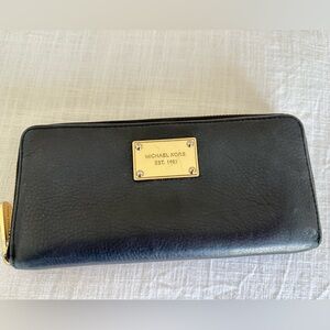 Michael Kors Black Leather Zip Wallet with Gold Plaque